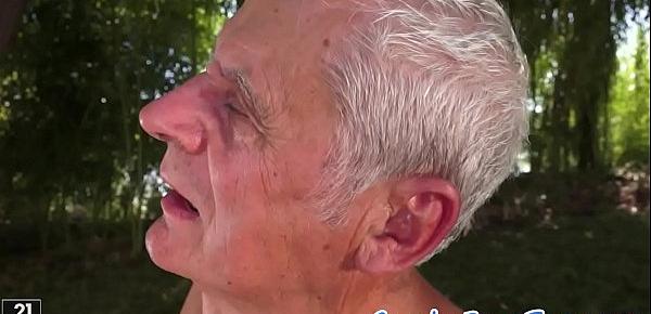  Cute teen fucked outdoors by two grandpas